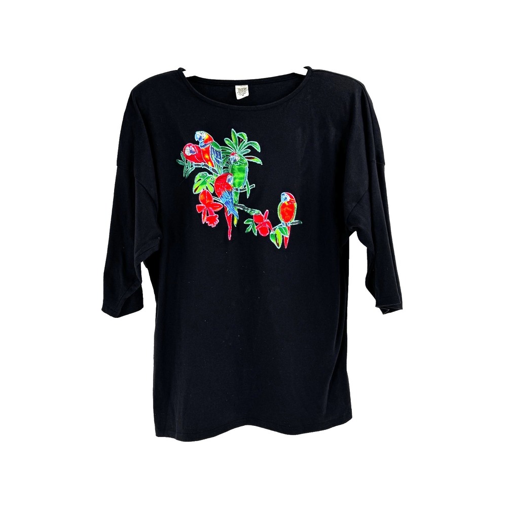 Vintage 90s Parrot Embroidered Applique Shirt Women's Small Black Artsy USA Made - Picture 1 of 7